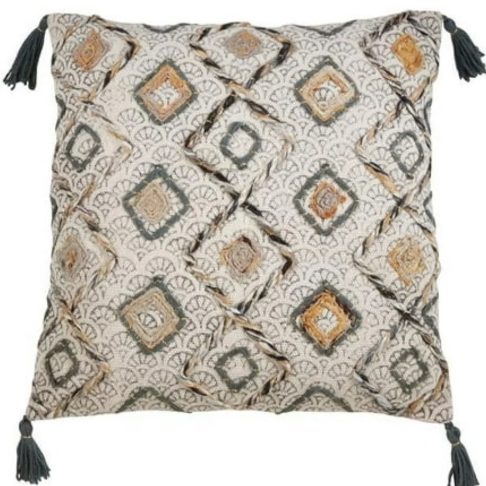 SARO LIFESTYLE Lauren Collection Block Print Embroidered PillowTasseled Corners